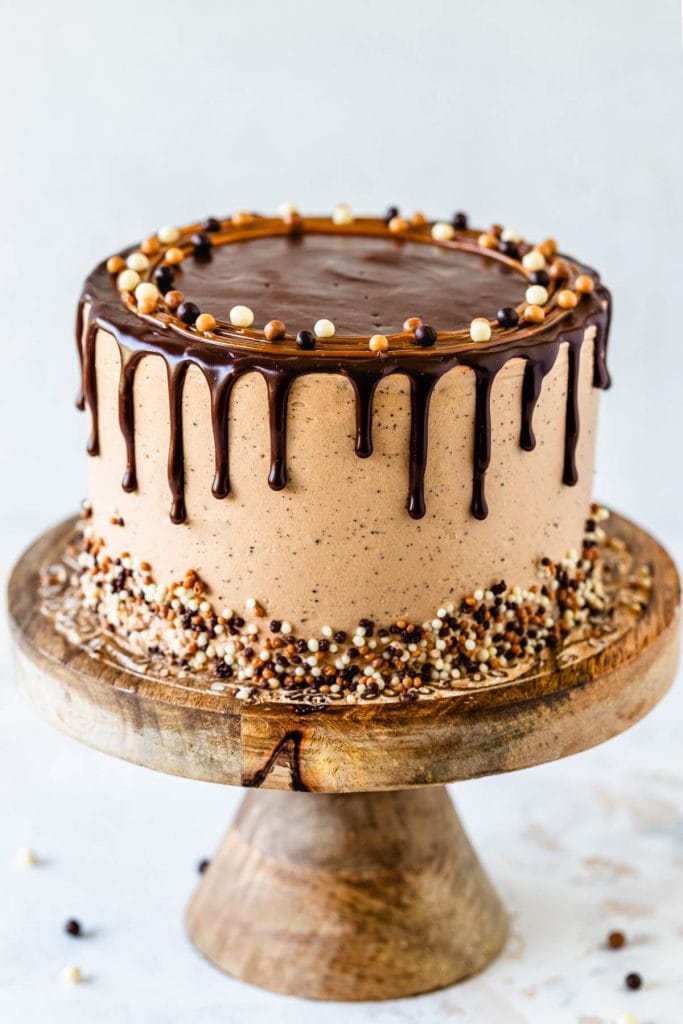 chocolate cake covered with mocha buttercream and topped with ganache