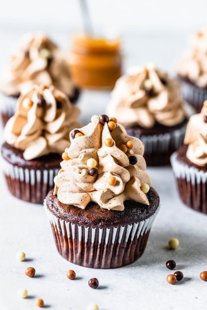 Dulce de Leche Mocha Cupcakes topped with crispearls and swiss meringue buttercream