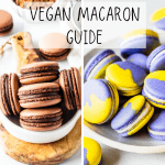 Two pictures one is of chocolate macarons, and the other is of purple and yellow macarons in a bowl, the title is Vegan Macaron Guide