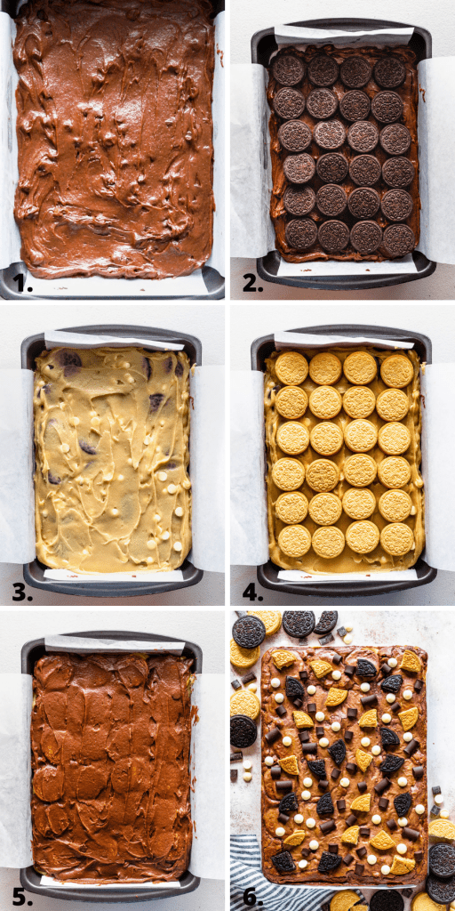 6 pictures showing how to assemble oreo brownie bars, first picture brownies spread on the bottom of a pan, second picture oreos topping the brownies, third picture blondies on top of the oreos, forth picture golden oreos on top of the blondie batter, fifth picture brownie batter on top of blondies. final picture baked brownies topped with chopped oreos and chocolate chips