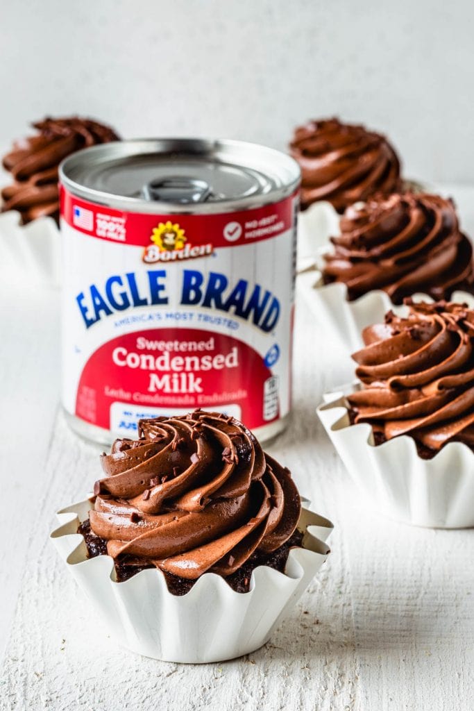 Chocolate Cupcakes with Condensed Milk and a can of condensed milk