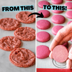 two pictures with the saying on top: from this to this, and an arrow showing the transformation, from flat wrinkly macarons to beautiful perfect macarons.