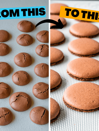 two pictures with the saying: from this to this. First picture: cracked macarons, second picture perfect macarons.
