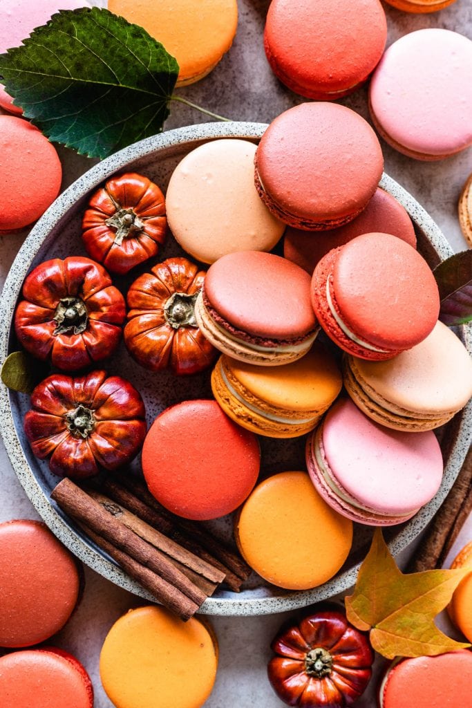 Pumpkin caramel macarons in a plate with little pumpkins on the side, the macarons have various colors, from orange tones, pink, crimson, and orange, also some cinnamon sticks around the picture and leaves.