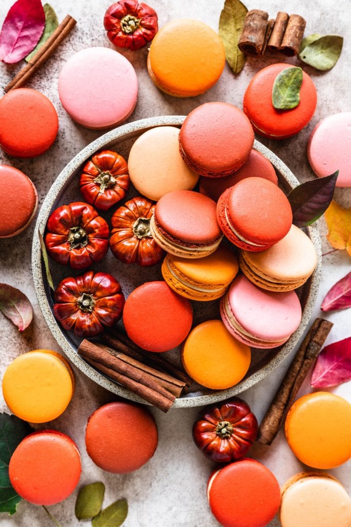 Pumpkin caramel macarons in a plate with little pumpkins on the side, the macarons have various colors, from orange tones, pink, crimson, and orange, also some cinnamon sticks around the picture and leaves.