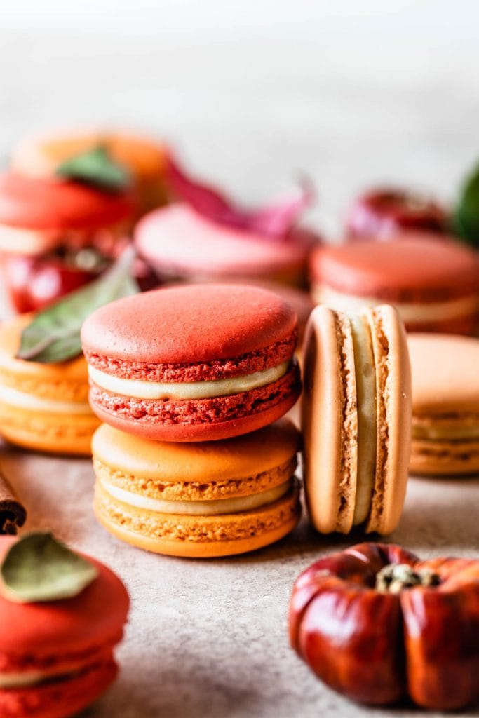 macarons stacked, with a macaron on the side, a pumpkin in the front.