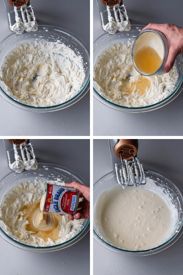 four pictures showing how to make no bake cheesecake batter.