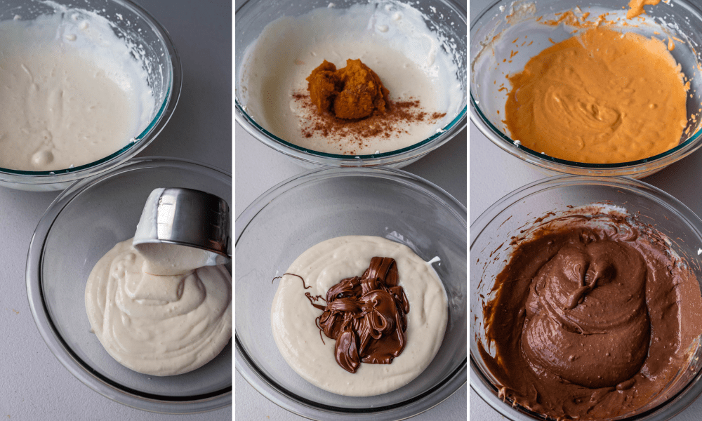 three pictures showing how to make a marble cheesecake batter for pumpkin chocolate cheesecake.