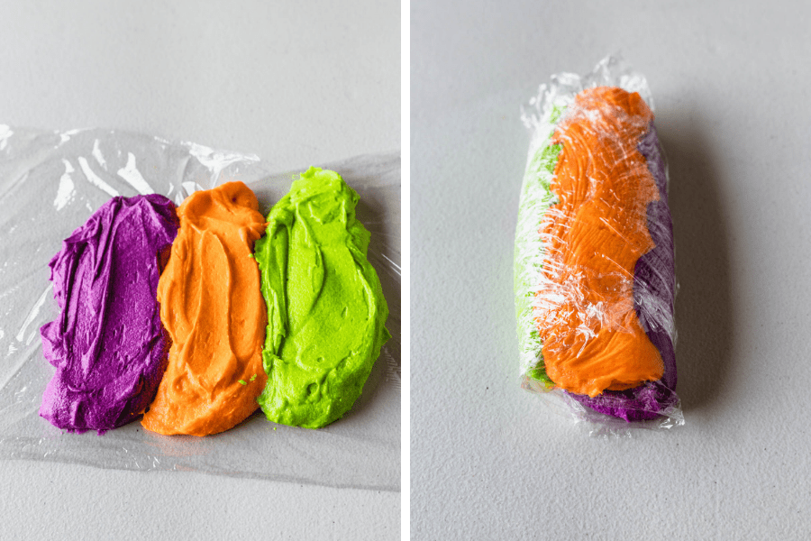 two pictures showing how to do a swirl frosting, first picture with three different colors laid next to each other, and the second picture they are rolled into a log.