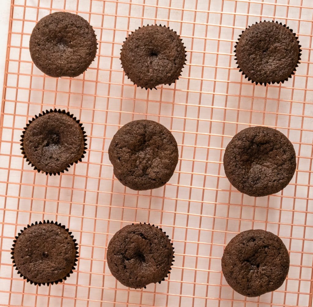 chocolate cupcakes on a cooling rack, seen from the top.