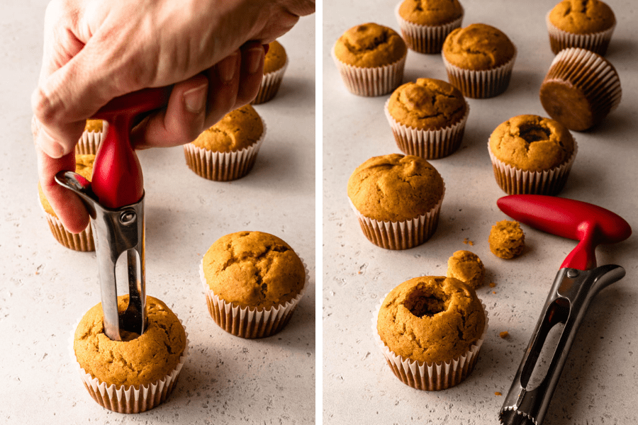 using an apple corer to remove the center of a cupcake.