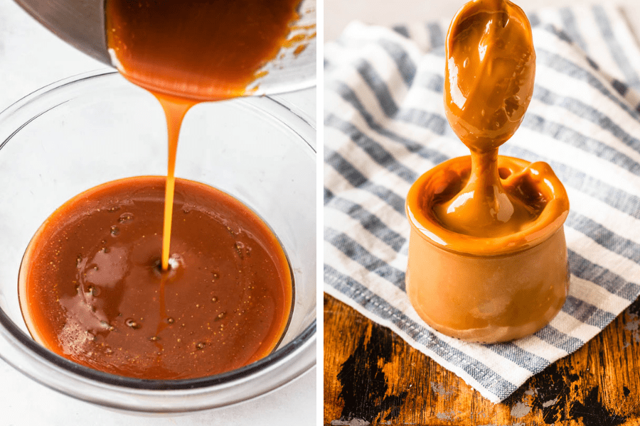 two pictures next to each other caramel sauce and dulce de leche.,