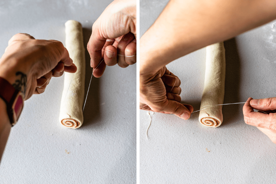 two pictures showing how to cut cinnamon rolls using floss.