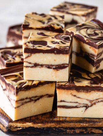 chocolate peanut butter marble fudge stacked.