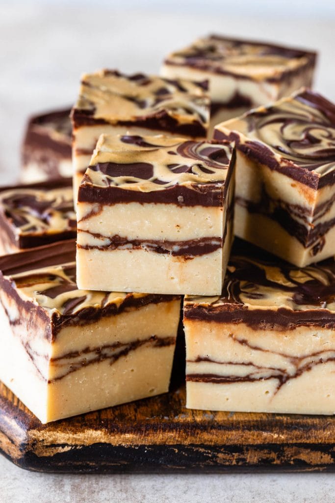 chocolate peanut butter marble fudge stacked.
