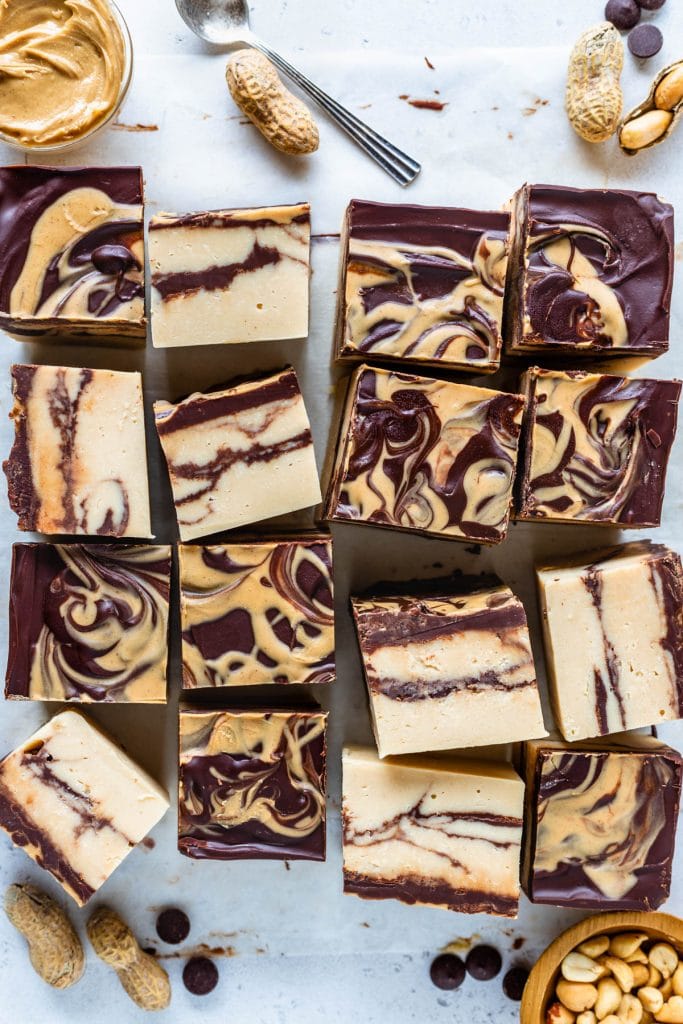 peanut butter fudge sliced in pieces, seen from the top.