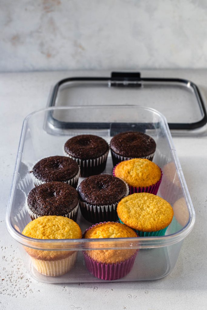 air tight container to store cupcakes with some vanilla and chocolate cupcakes inside.
