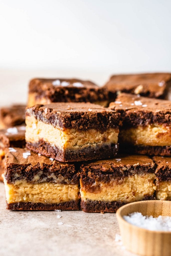 Peanut Butter Fudge Brownies stuffed with peanut butter with sea salt on top.