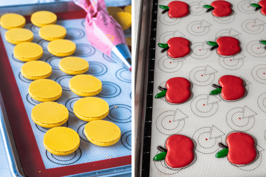 two pictures showing macarons being baked on silicone mat.