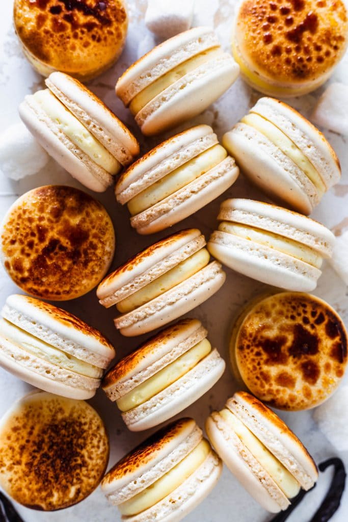 Creme Brûlée Macarons with a caramelized top.