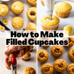how to make filled cupcakes with four pictures of cupcakes being filled.