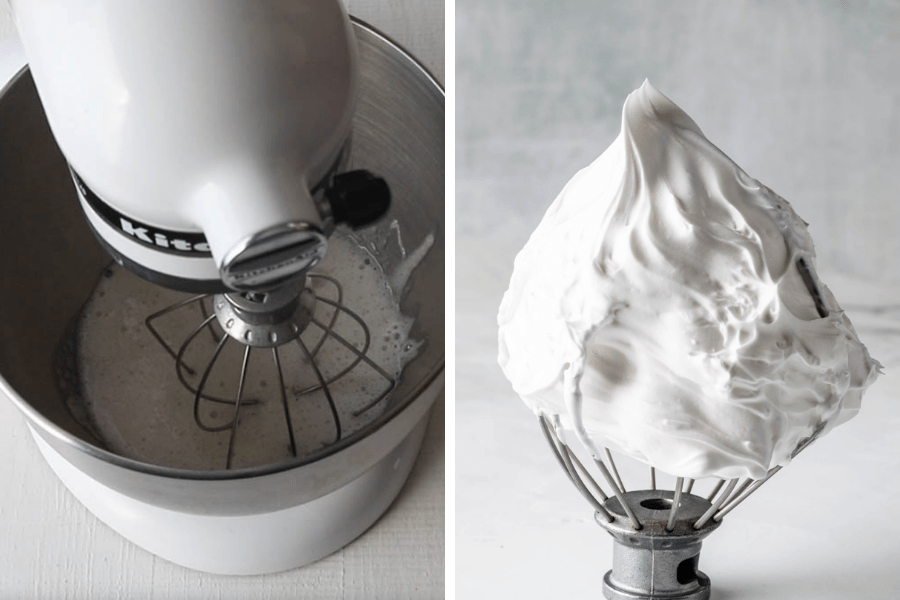 two pictures one on the left is showing a whipped meringue with stiff peaks, and the one on the right shows a kitchenaid mixer.