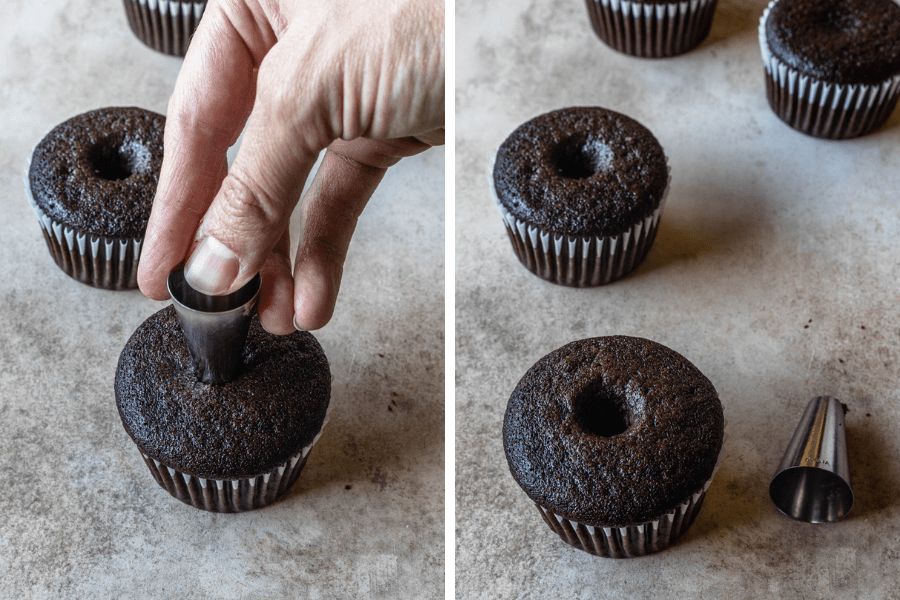 two pictures showing how to remove the center of each cupcake using a piping tip.