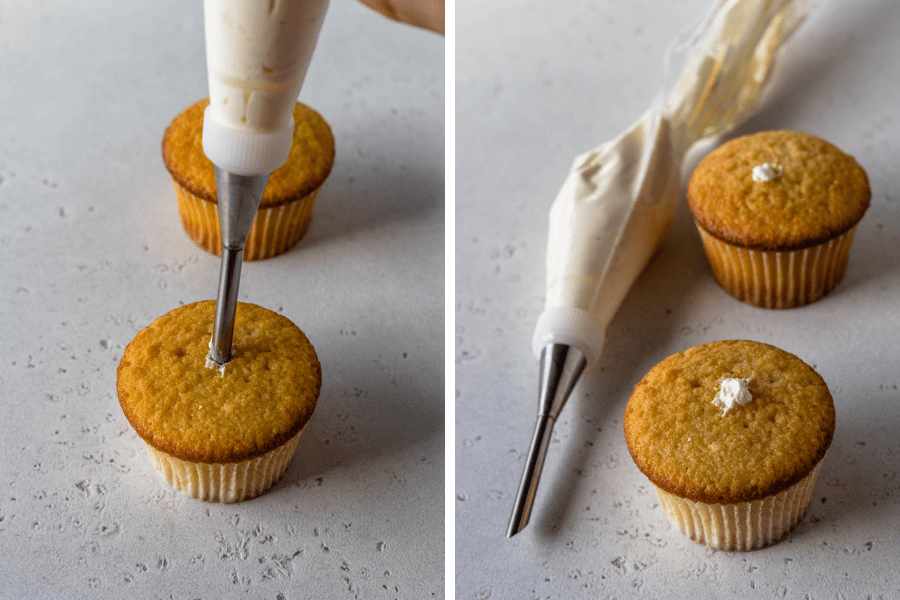 using a cream puff tip to insert filling in a cupcake.