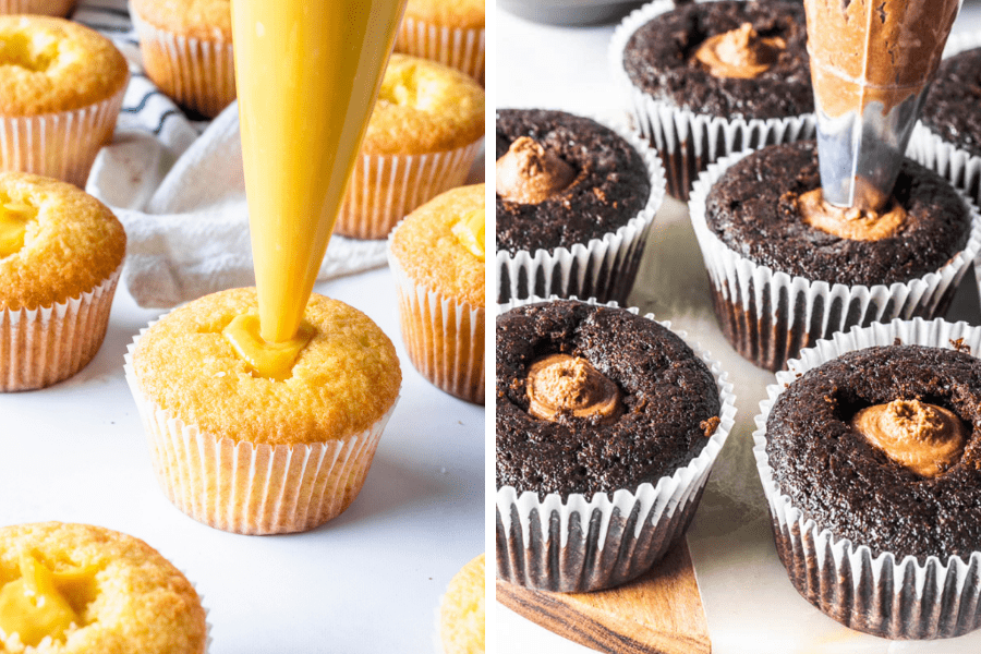 two pictures showing how to feel cupcakes, the first is being filled with passionfruit curd, and the second with chocolate frosting.
