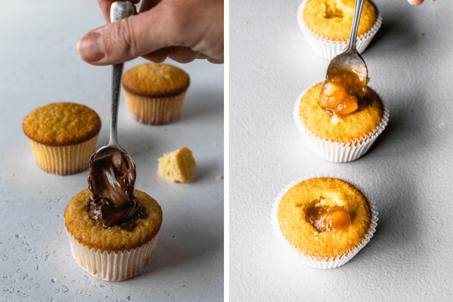 two pictures showing how to fill cupcakes using a spoon, on the first picture it was a nutella filling, and the second picture is an apple pie filling.