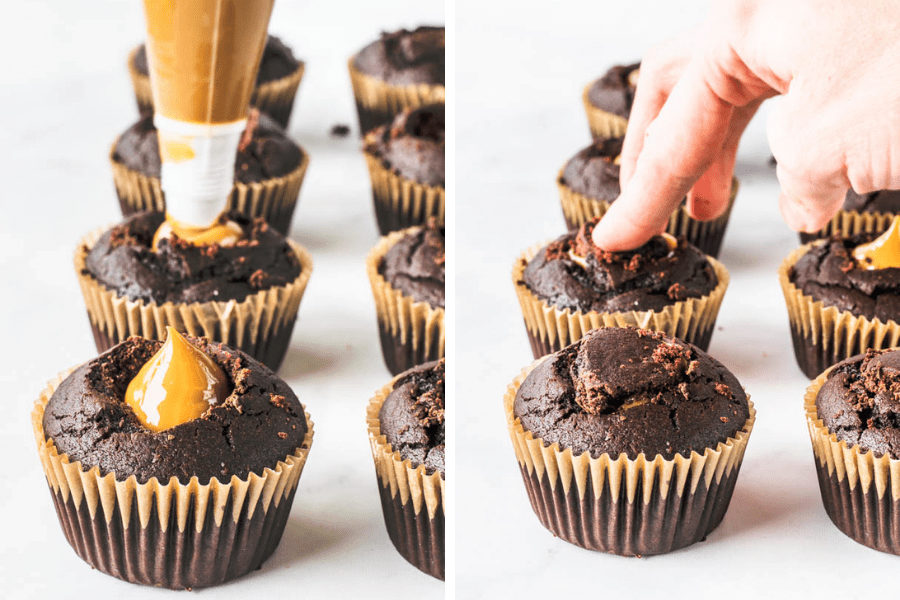 two images showing filling chocolate cupcakes with dulce de leche using a piping bag in the first image and the second image is a hand placing the top of the cupcake back on.
