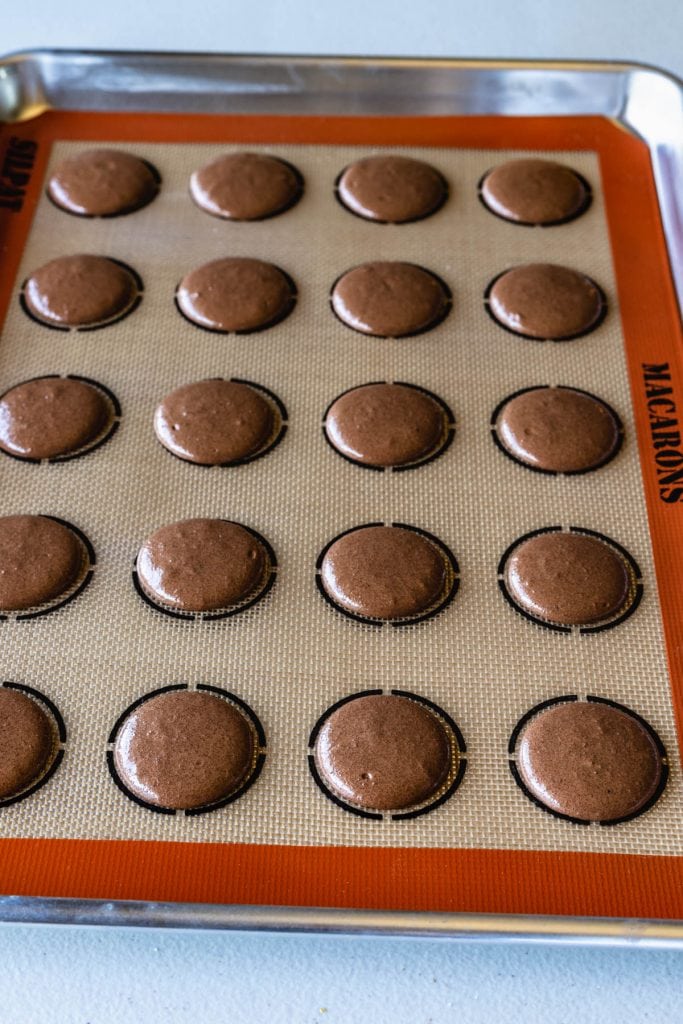 chocolate macarons piped on a baking sheet.