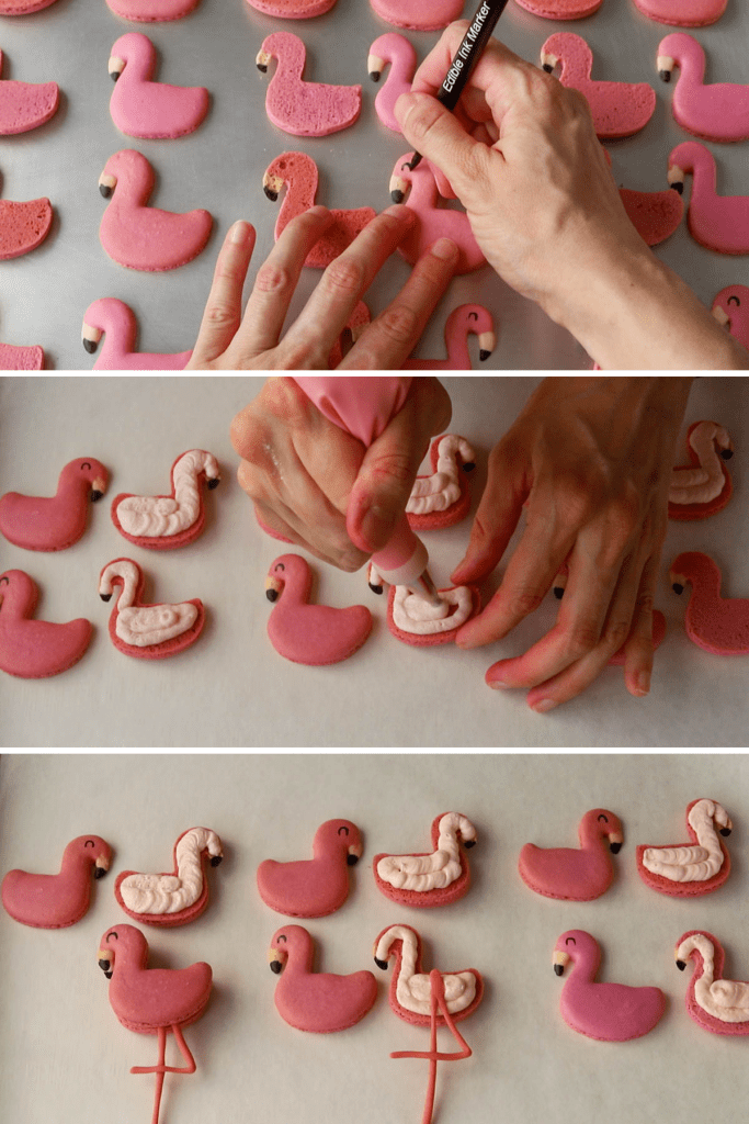 assembling flamingo macarons.