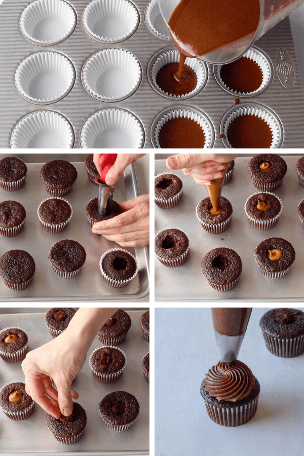 showing how to make Chocolate Biscoff Cupcakes filled with biscoff.