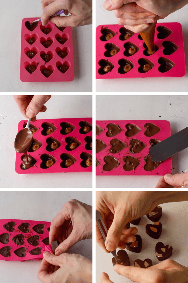 making chocolate heart decorations for cupcakes, filled with cookie butter, and decorated with gold leaf.
