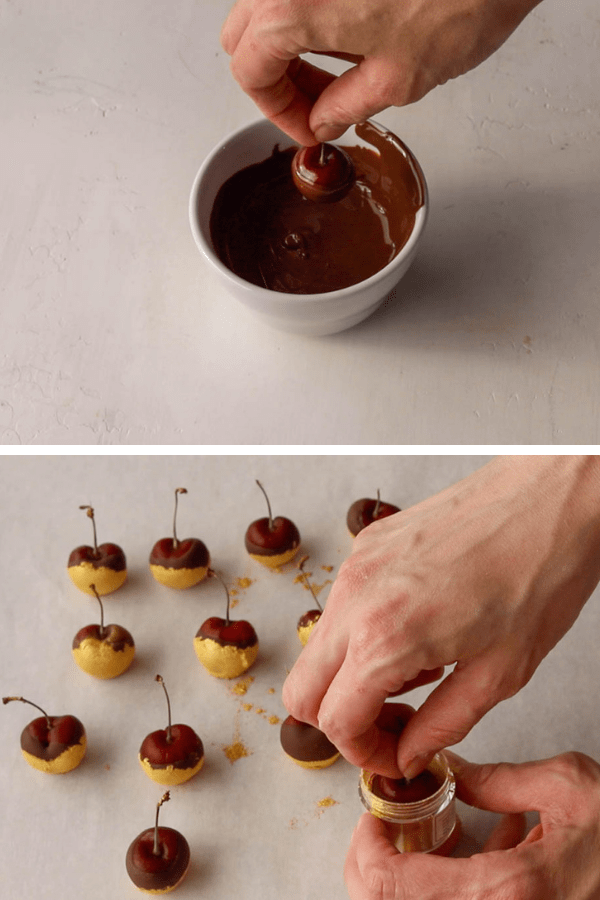 dipping cherries in chocolate, and then dipping them in golden luster dust.
