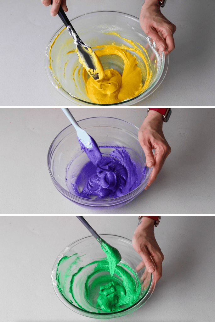 showing three different macaron batter colors: yellow, purple, and green.