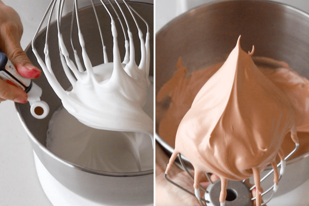 two pictures, first one adding food coloring to meringue, and second one picture of stiff meringue.