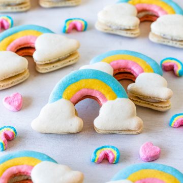 macarons shaped like rainbows.