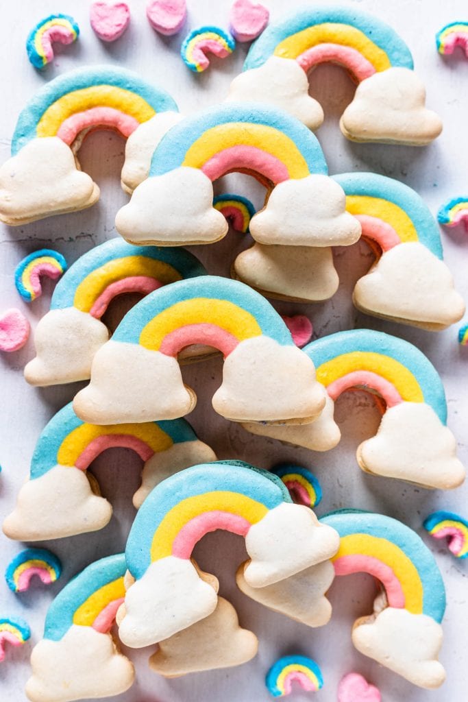 macarons shaped like rainbows.