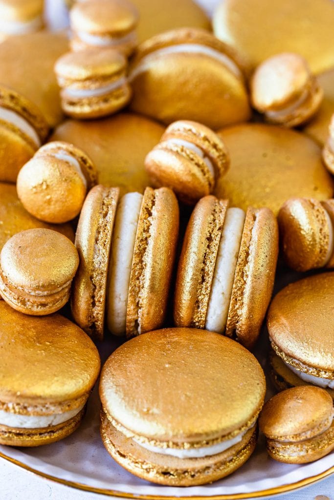 Golden Macarons filled with Baileys Ganache.