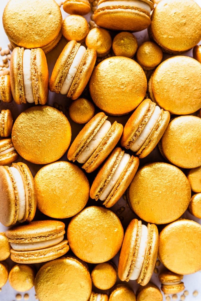 Gold Macarons filled with Baileys Ganache.