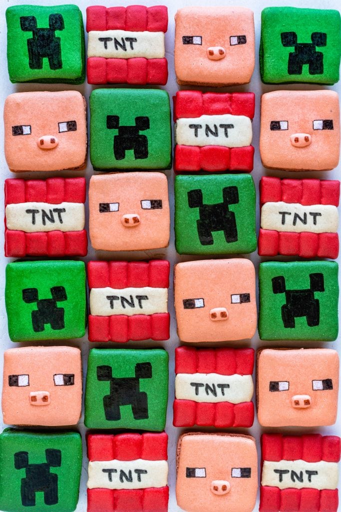minecraft macarons, square macarons shaped like pig, creeper, and tnt characters.