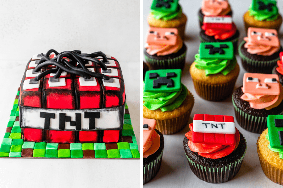 Minecraft Cake shaped like TNT and minecraft cupcakes.
