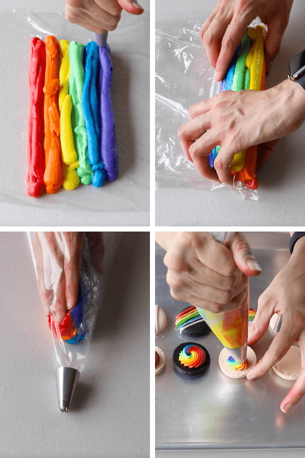 pictures showing rainbow colored frosting spread on a piece of plastic wrap, on the second picture the frosting is being rolled into a log, on the third picture the log is being inserted into a piping bag fitted with a star tip, and on the last picture the frosting is being piped on the macarons.