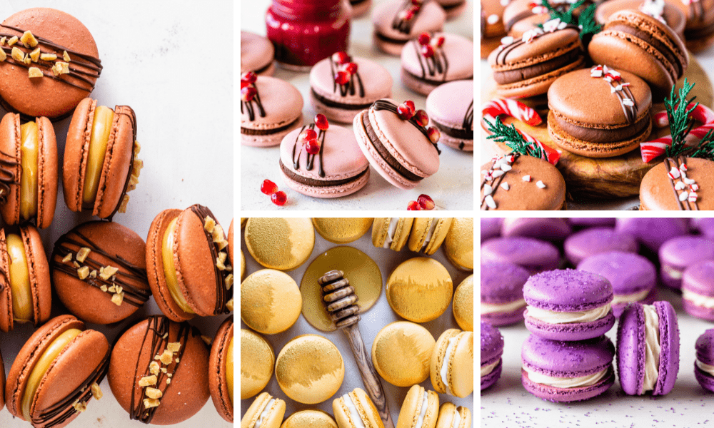 5 images showing various macarons, the first picture is chocolate macarons filled with toffee, the second is pink macarons topped with a drizzle and pomegranate seeds, on the bottom there are yellow macarons with a honey comb in the center, the last two pictures are peppermint macarons with crushed peppermint candy on top, and purple macarons on the bottom.