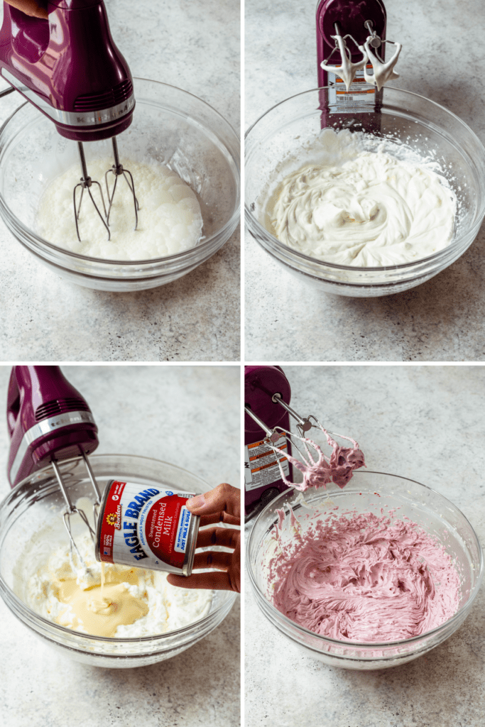 4 pictures showing how to make blackberry whipped cream.