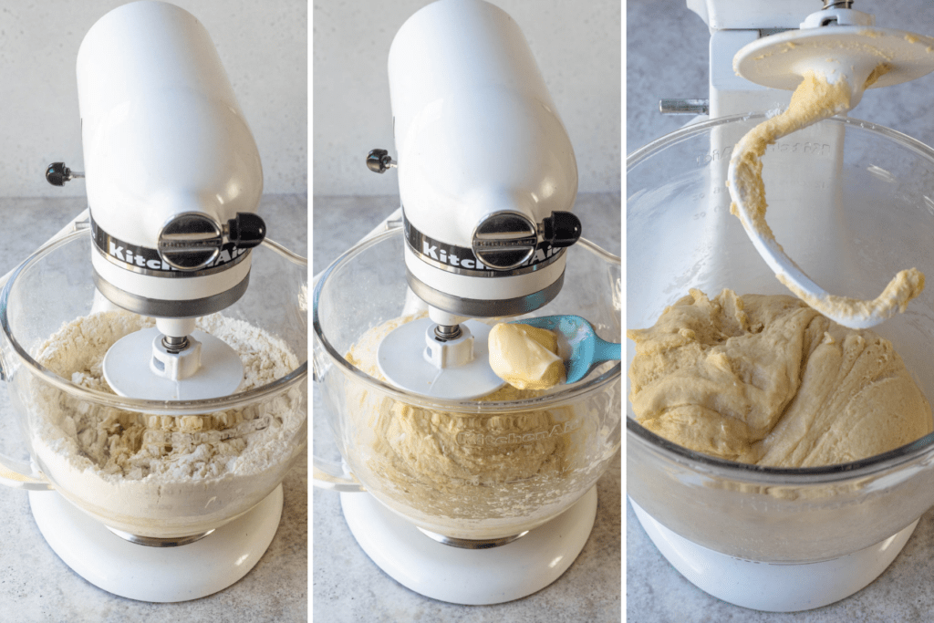kneading the dough with a stand mixer, then adding butter to the dough, and the dough already formed.