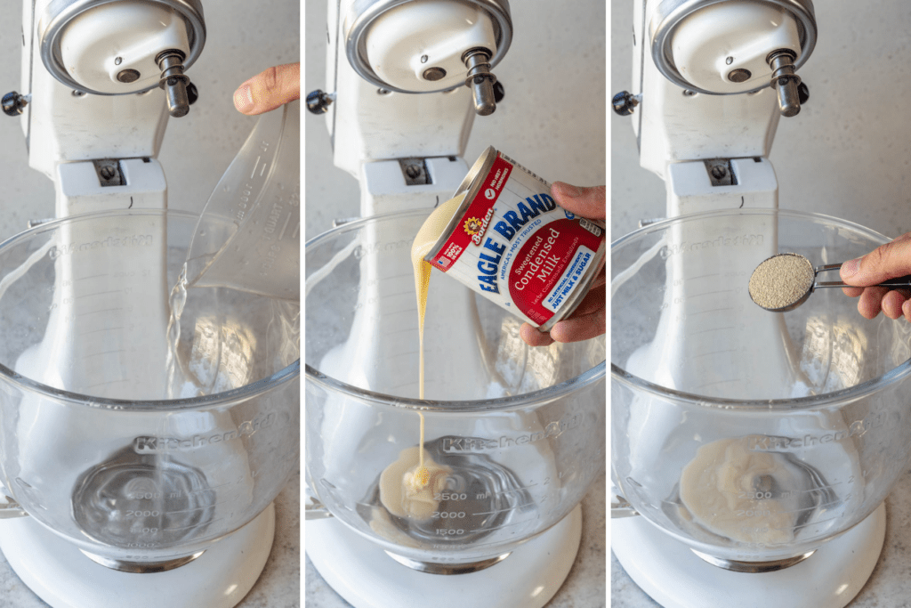 adding water to a bowl, then adding sweetened condensed milk, and then adding yeast.