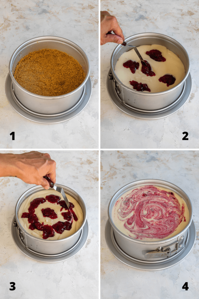 pictures showing how to assemble the cheesecake.